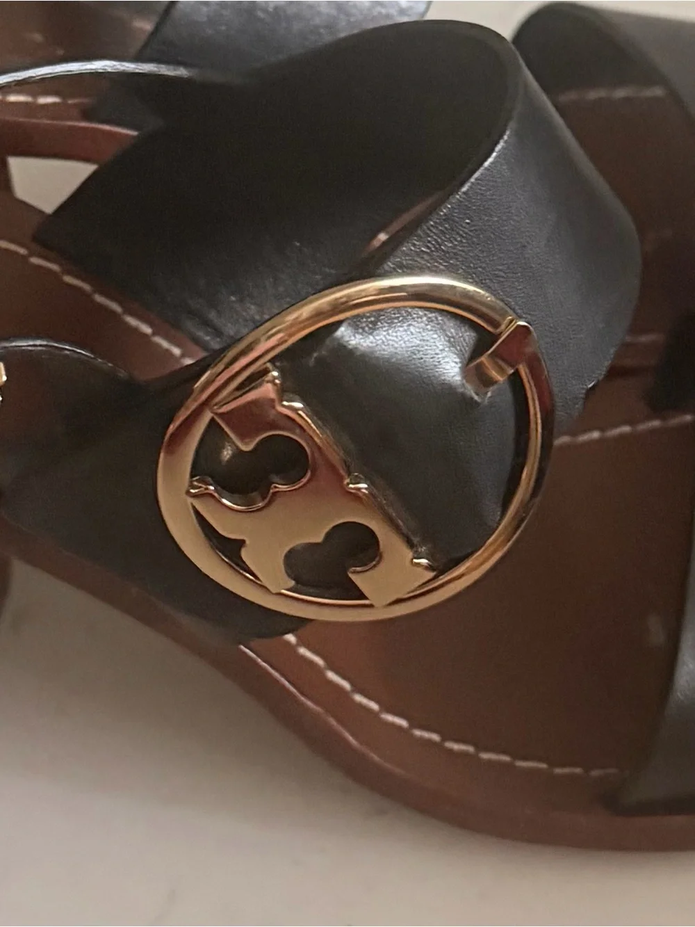 Tory Burch Thames Black Leather Sandals with Gold Logo Buckle